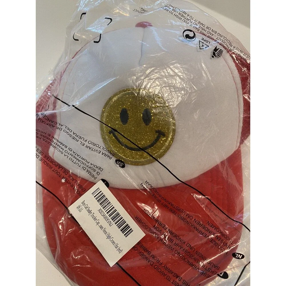 Boys Girls Glitter‎ Happy Face Trucker Hat Mesh Adjustable Snap Back